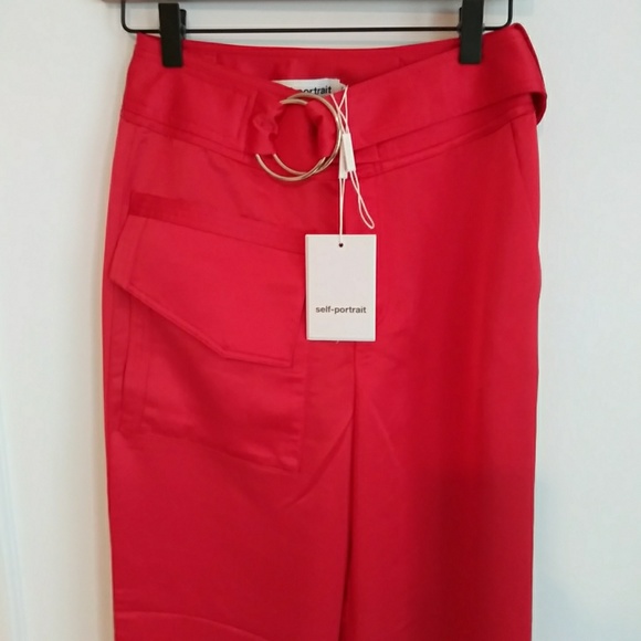 Self Portrait Belted Cuff Satin Red Trouser - Picture 5 of 5